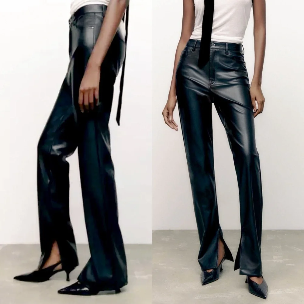 Zara Slim Flare Faux Leather Split Hem Trouser Pants Straight Leg Vegan Black 10 - Picture 1 of 6